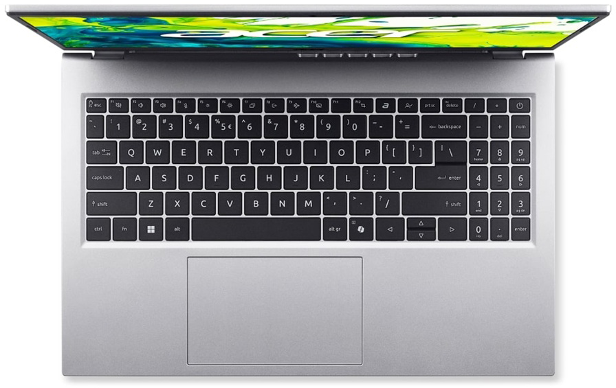 Nyitott ezüst laptop felülnézetben, billentyűzettel és érintőpaddal.