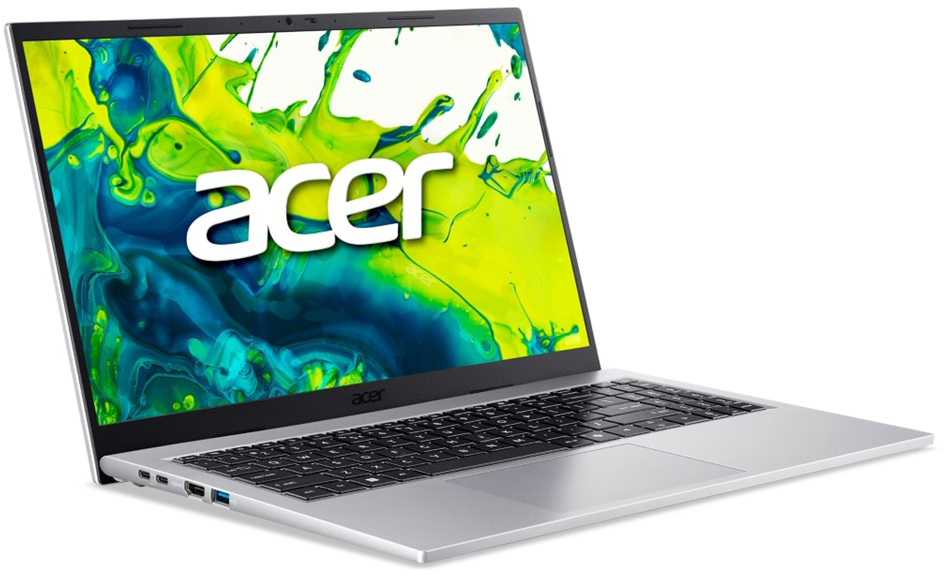 Ezüst Acer laptop színes, absztrakt háttérképpel a képernyőjén.