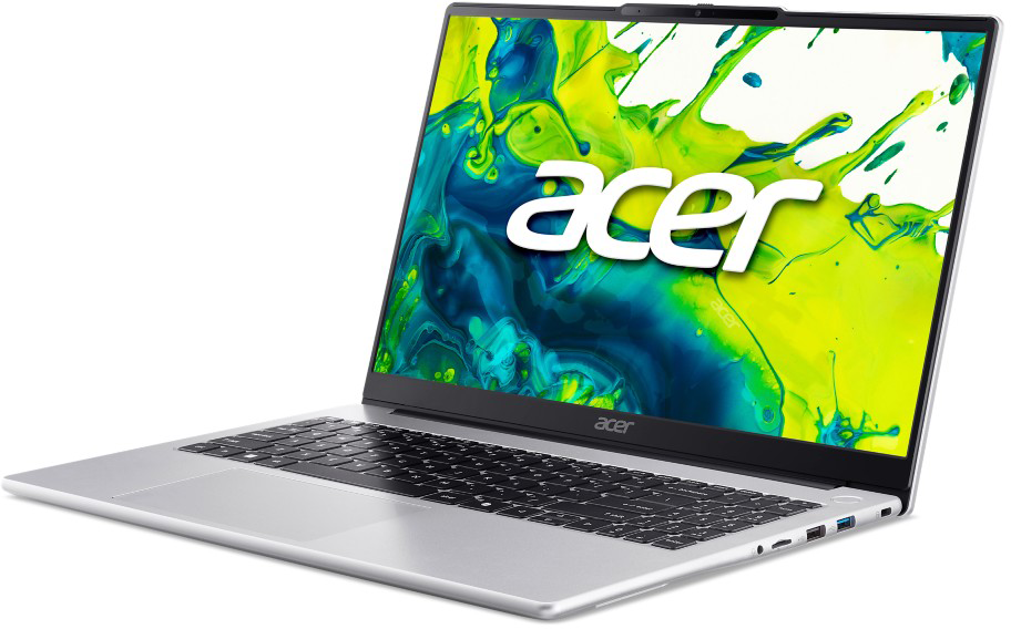 Egy ezüst Acer laptop színes, absztrakt háttérrel a képernyőn.