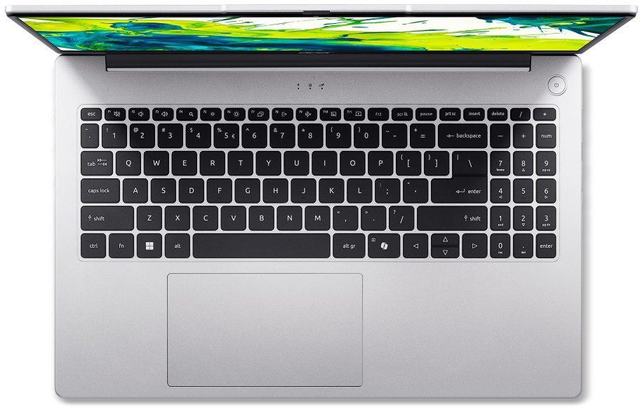 Ezüst laptop felülnézetből, billentyűzet és képernyő látható. A képernyőn absztrakt zöld és kék alakzatok jelennek meg.