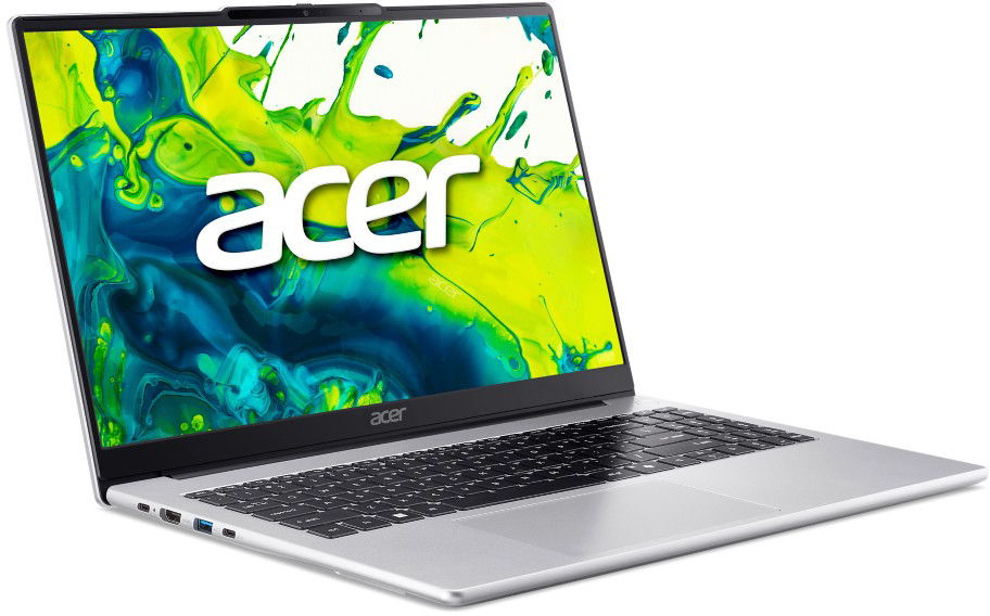 Ezüst Acer laptop színes háttérrel a képernyőn.