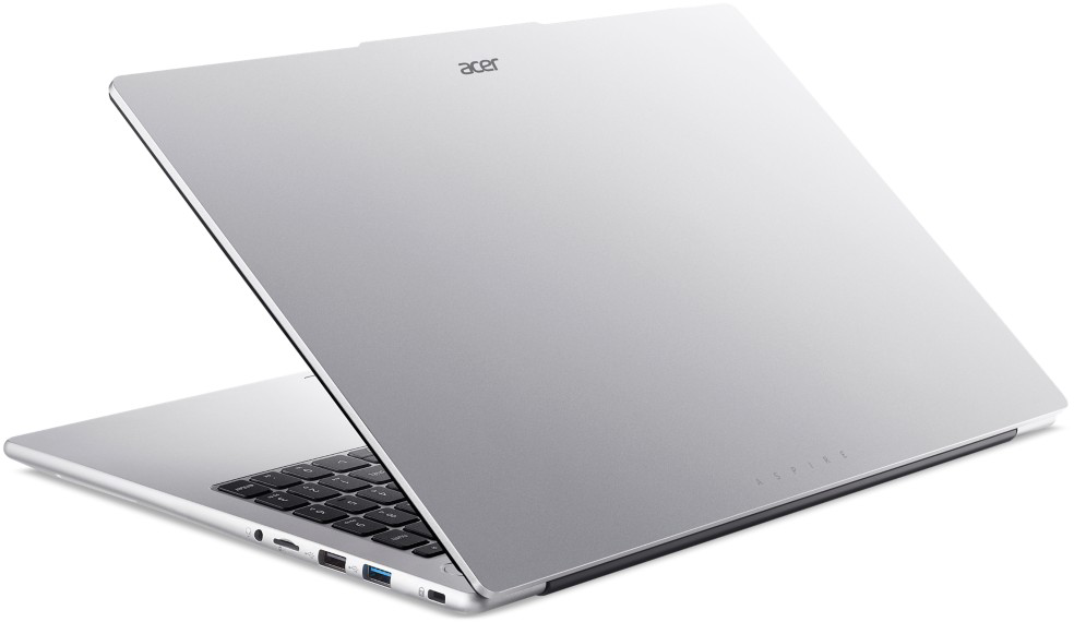 Ezüst Acer Aspire laptop, félig nyitva, billentyűzettel és portokkal.