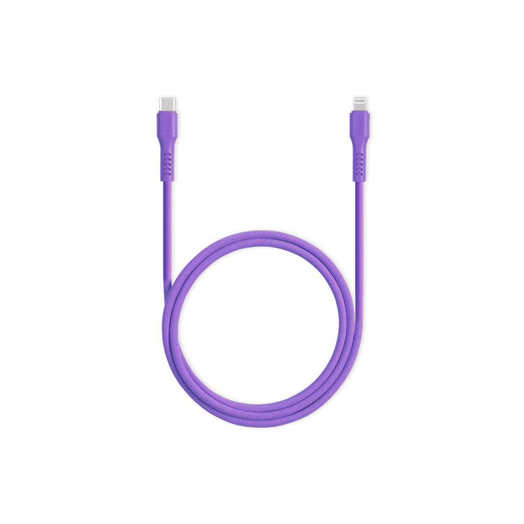USB-C ve Lightning konnektörlü, sarılı mor şarj kablosu.