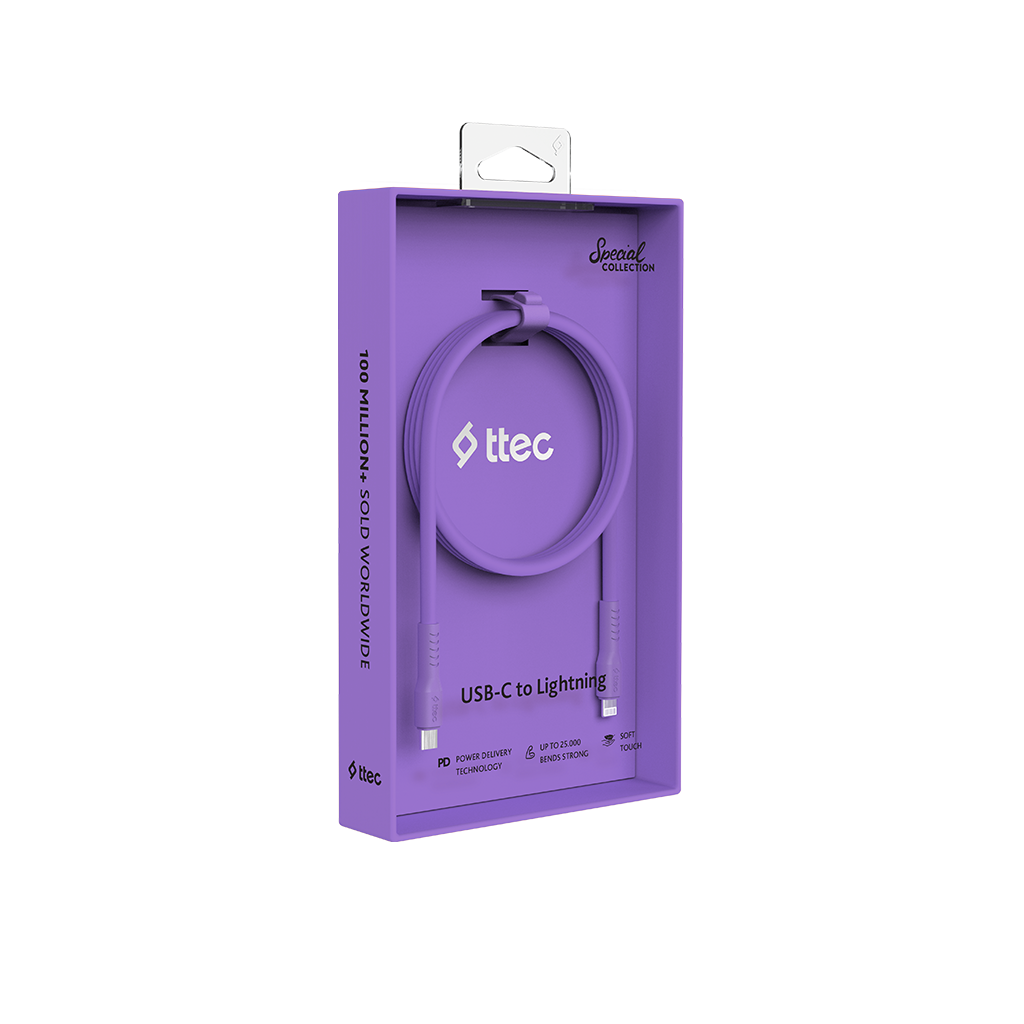 Mor ttec USB-C - Lightning kablosu bulunan mor kutu.