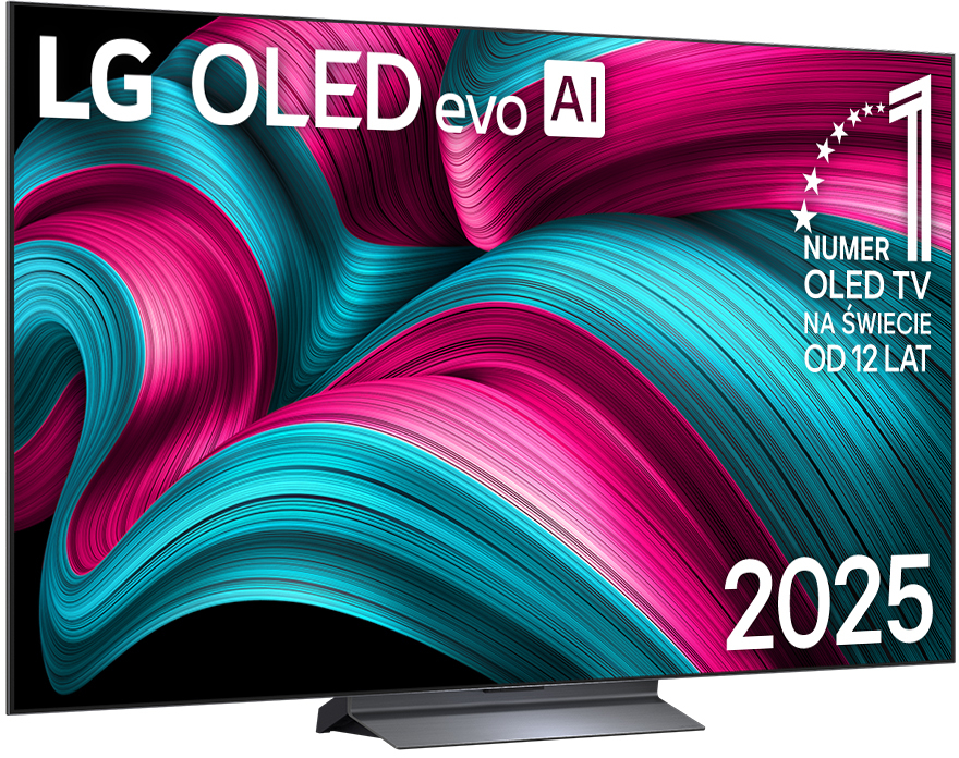 Telewizor LG OLED evo AI z wirującym wzorem różowym i turkusowym. Nr 1.