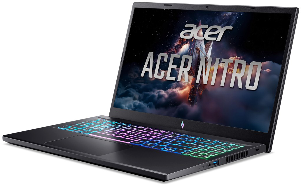 Egy fekete Acer Nitro laptop háttérvilágított billentyűzettel és űr témájú háttérképpel.