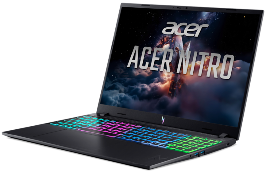 Egy fekete Acer Nitro laptop színes, háttérvilágítású billentyűzettel.