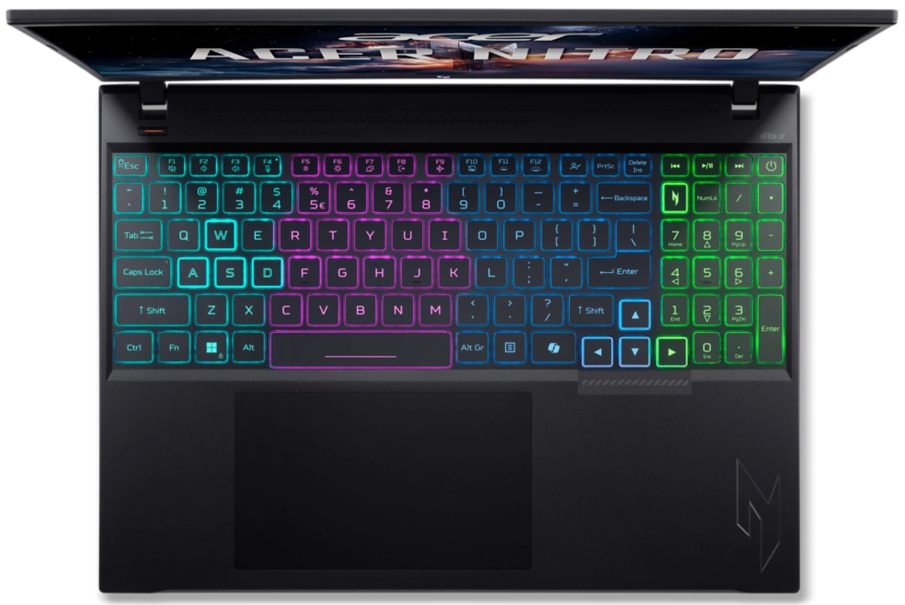 Egy nyitott fekete laptop felülnézetből, színes RGB billentyűzettel és világító logóval.