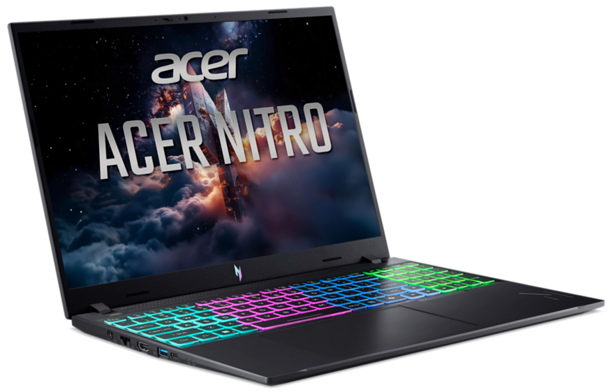 Fekete Acer Nitro laptop színes, háttérvilágítású billentyűzettel és űrtémájú háttérképpel.