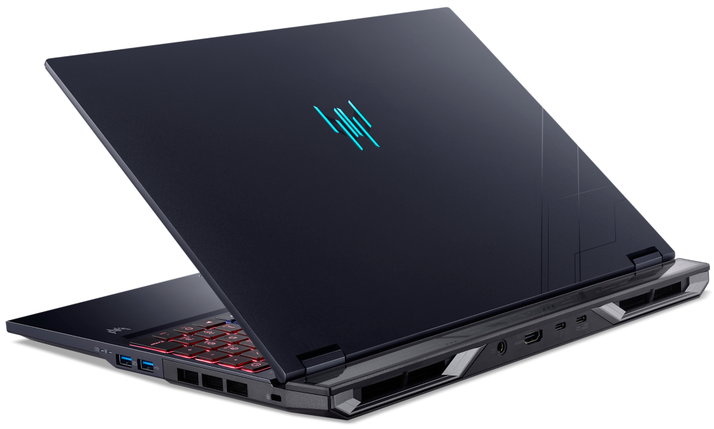 Sötétkék laptop világító piros billentyűzettel és kék logóval.