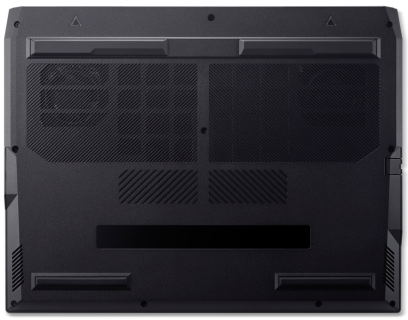 Fekete laptop alsó része szellőzőnyílásokkal és lábakkal.