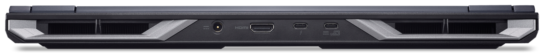 Laptop hátulja: tápellátás, HDMI, Thunderbolt/USB-C portok és szellőzők.