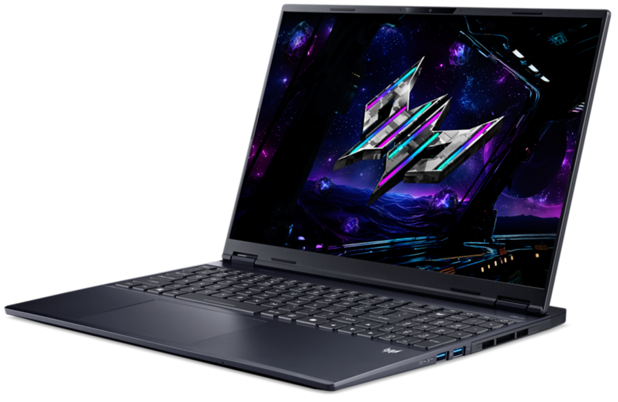 Egy nyitott sötétkék laptop, amelynek képernyőjén futurisztikus űrtéma látható.