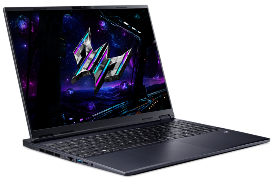 Sötét gamer laptop futurisztikus háttérképpel a képernyőjén.