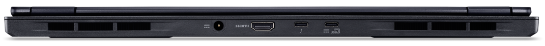 Fekete laptop hátulnézete portokkal: táp, HDMI, Thunderbolt és USB-C.