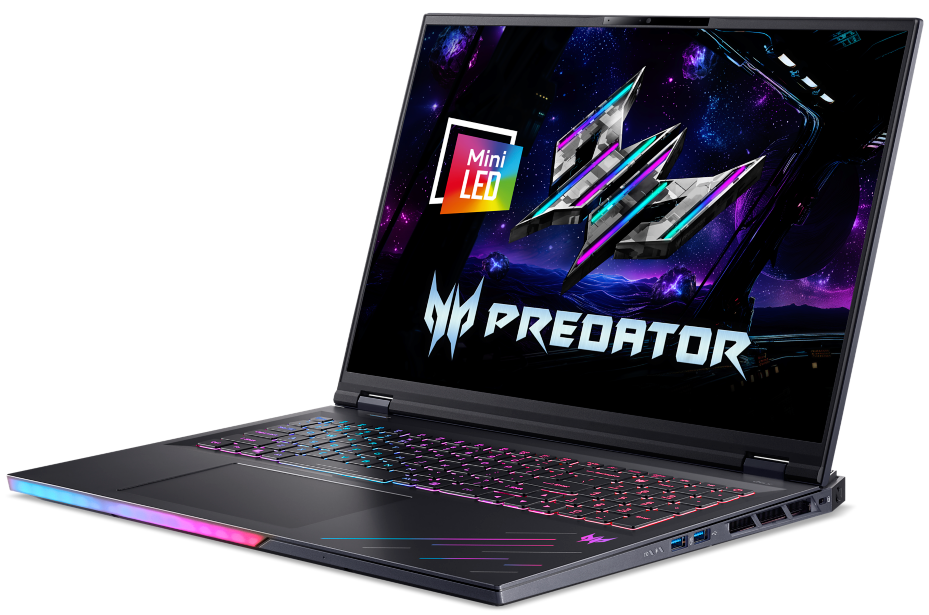 Egy nyitott laptop háttérvilágítású billentyűzettel és futurisztikus háttérképpel.