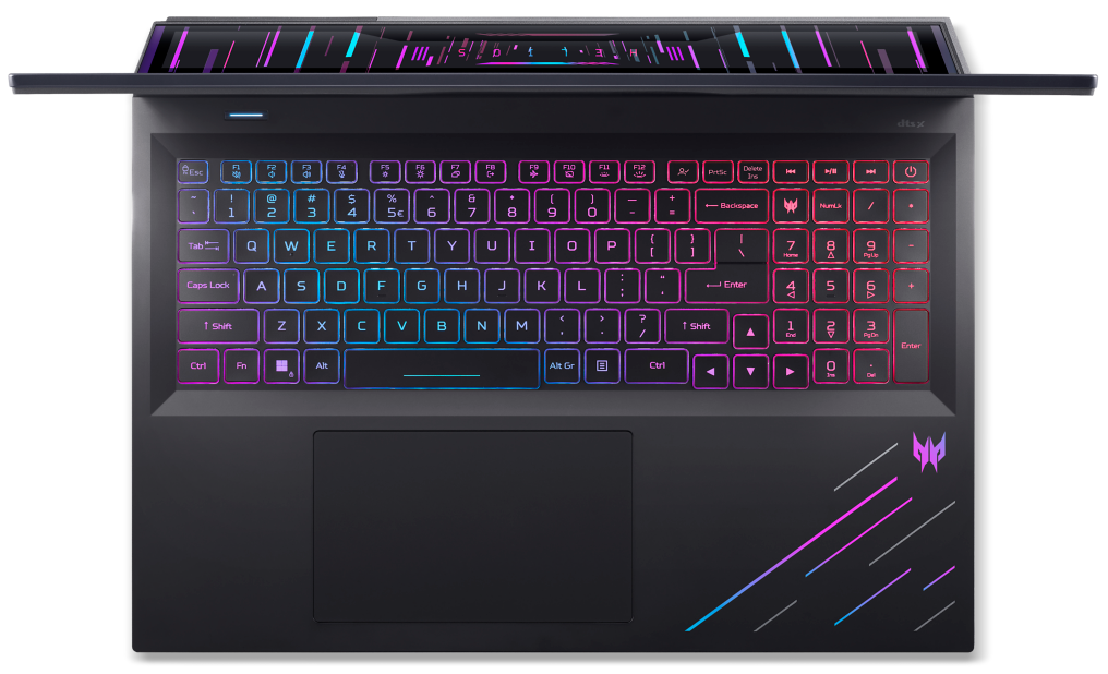 Fekete laptop felülnézetből, színes RGB billentyűzettel és világító szellőzőkkel.