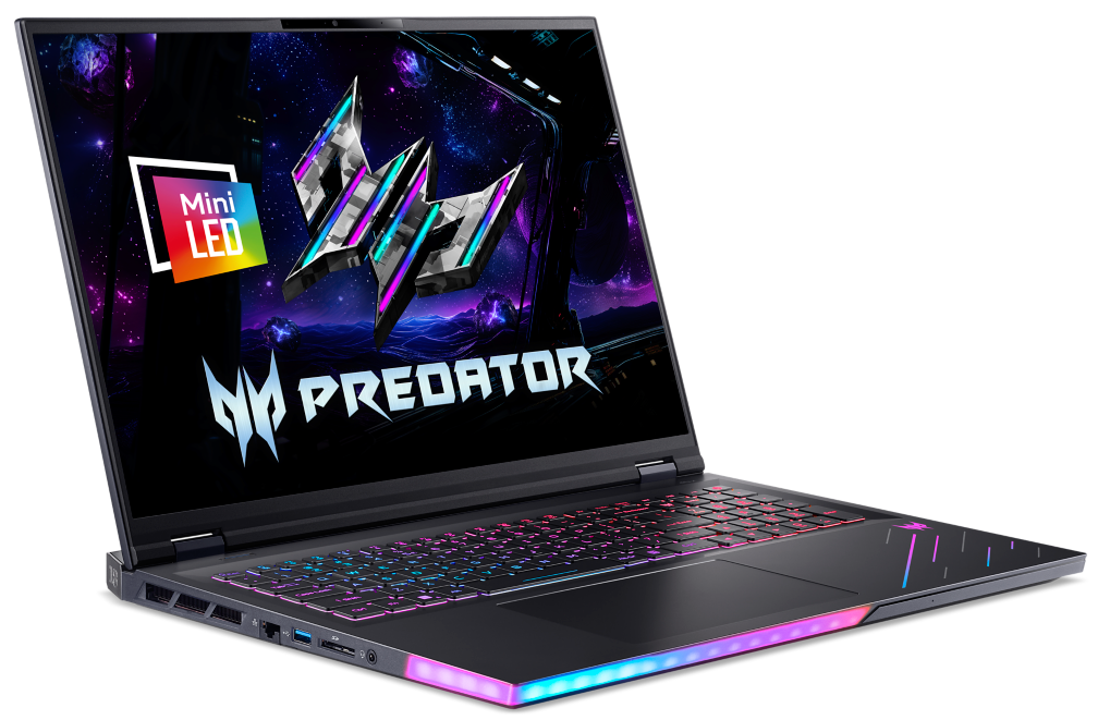 Egy nyitott laptop világító billentyűzettel és Predator logóval a képernyőn.