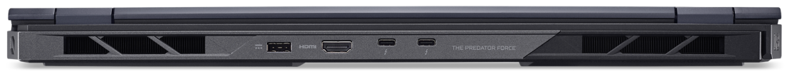 Sötétszürke laptop hátlapi portok: USB-A, HDMI, 2x Thunderbolt, szellőzőrácsok.