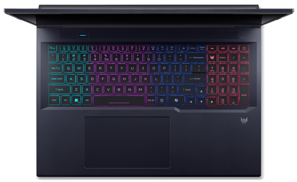 Sötét laptop kék és piros színű világító billentyűzettel.