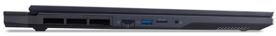 Sötétszürke laptop oldalnézetben, szellőzőkkel, Ethernet-, USB-, microSD- és audio portokkal.