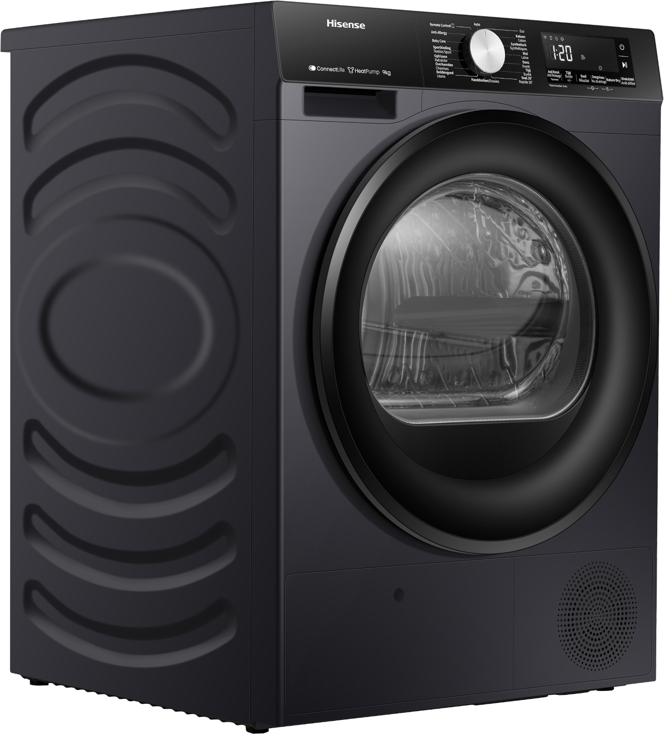 Een donkere Hisense wasdroger met digitaal display en programmakiezer.
