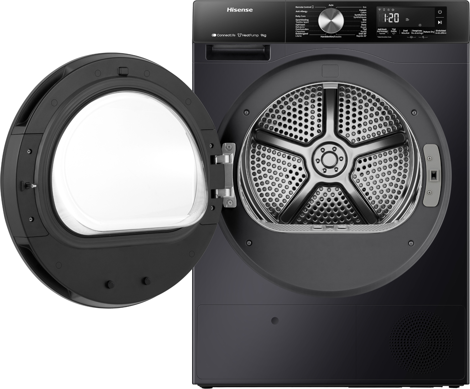 Een zwarte Hisense warmtepompdroger met open deur, de trommel is zichtbaar.