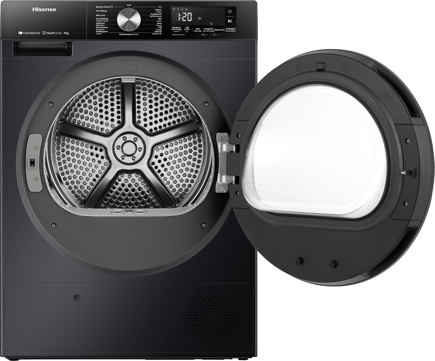 Zwarte Hisense wasdroger met open deur en zichtbare trommel.