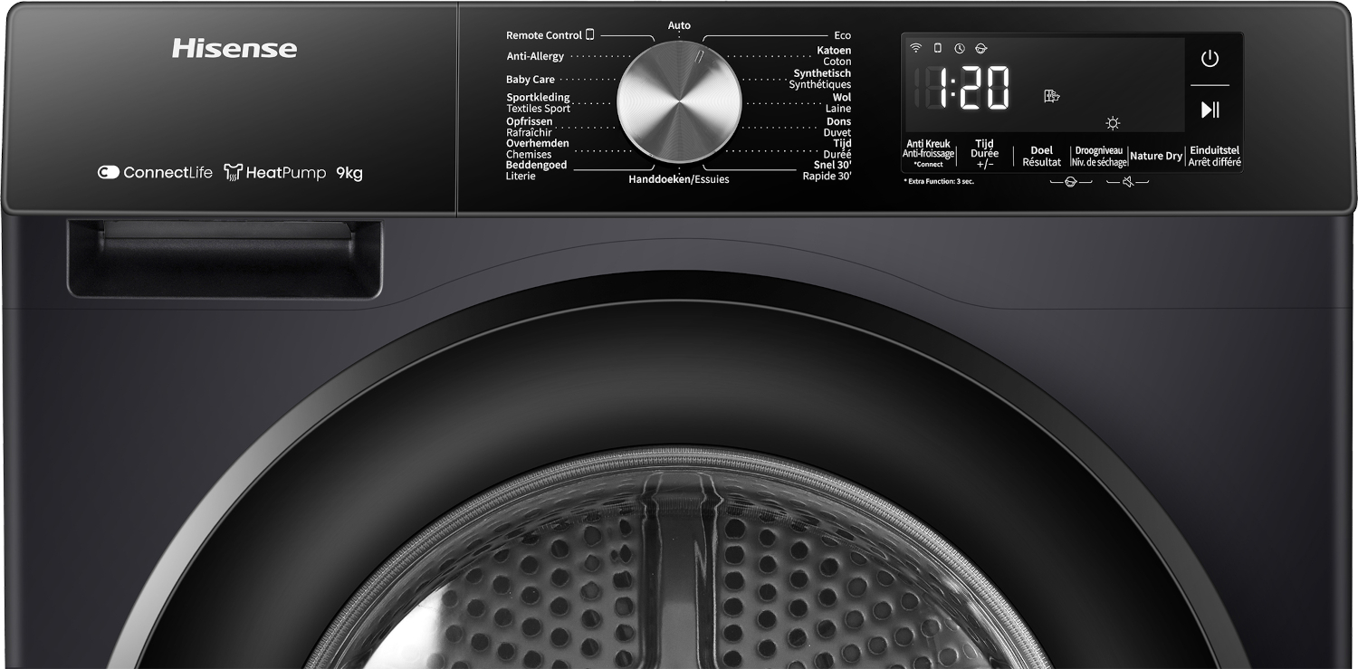Donkere wasmachine met bedieningspaneel en digitaal display met 1:20.