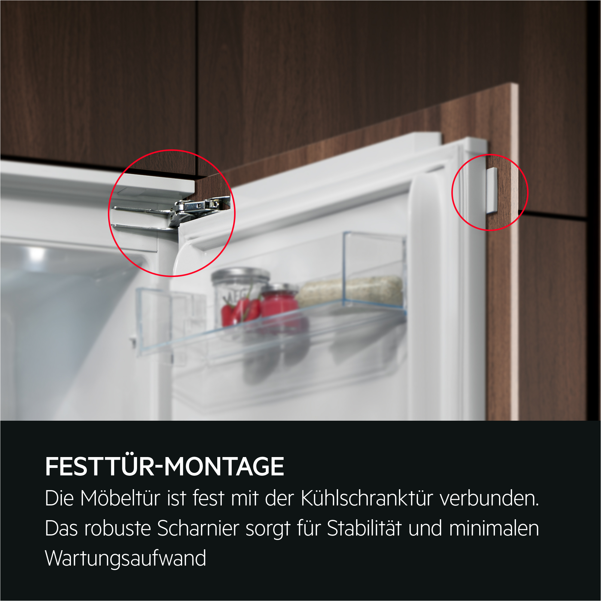 Einbaukühlschranktür mit Scharnieren und Glaseinlage mit Lebensmitteln.