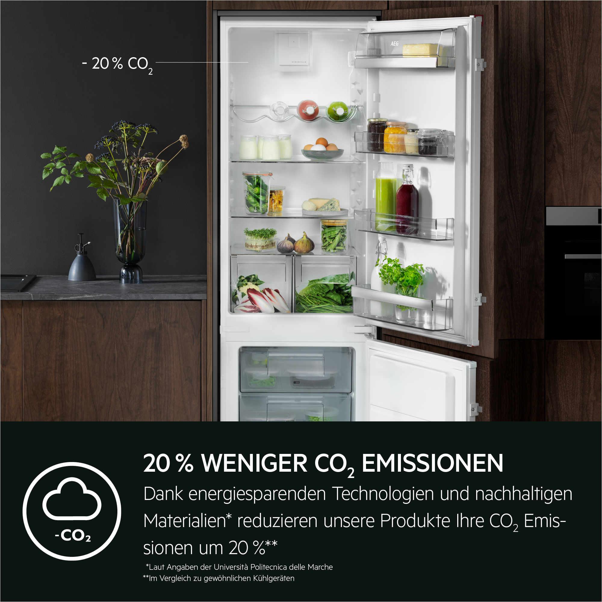 Ein offener Kühlschrank mit Lebensmitteln und Text über CO2-Reduzierung.