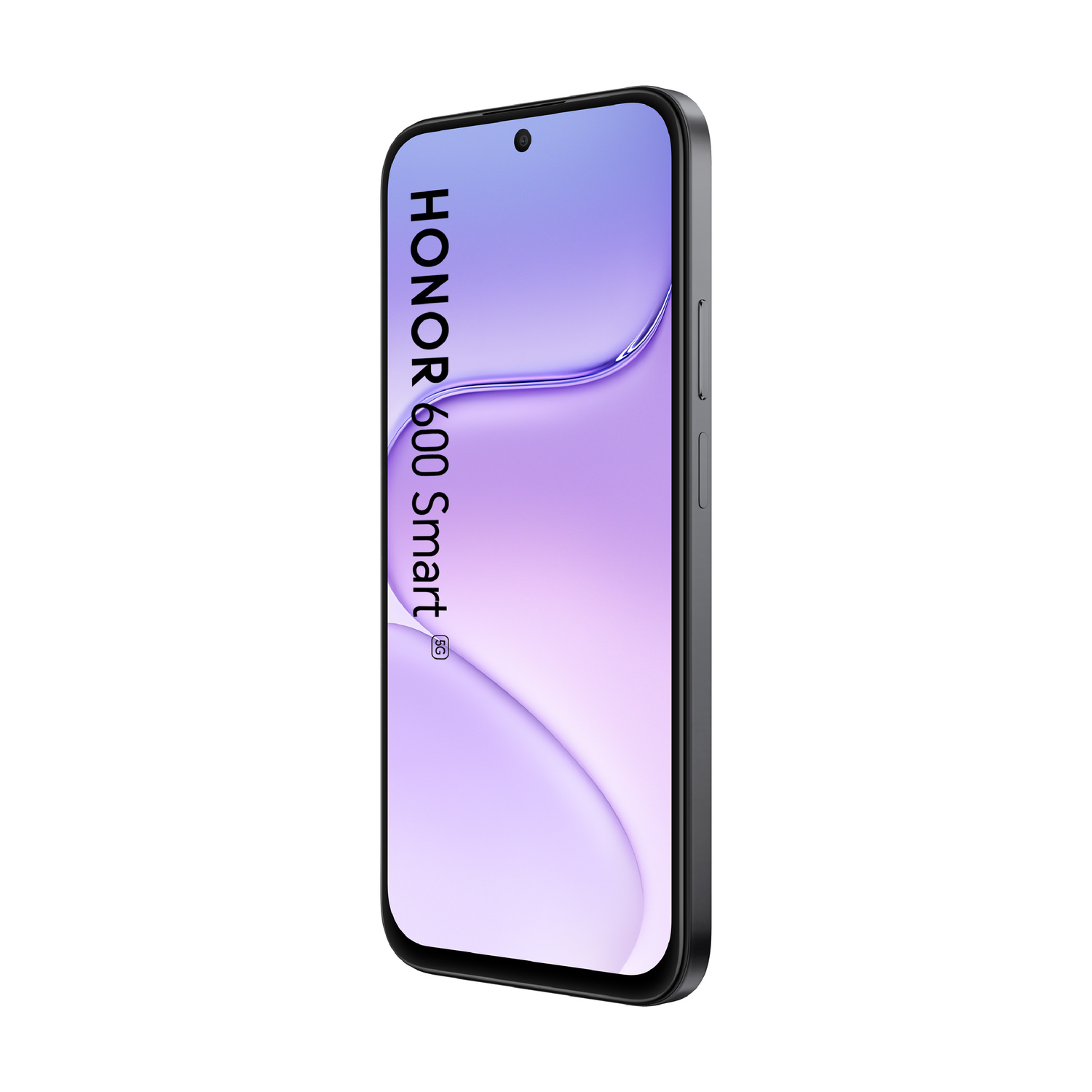 Smartphone nero con schermo viola che mostra il testo HONOR 60 Smart.