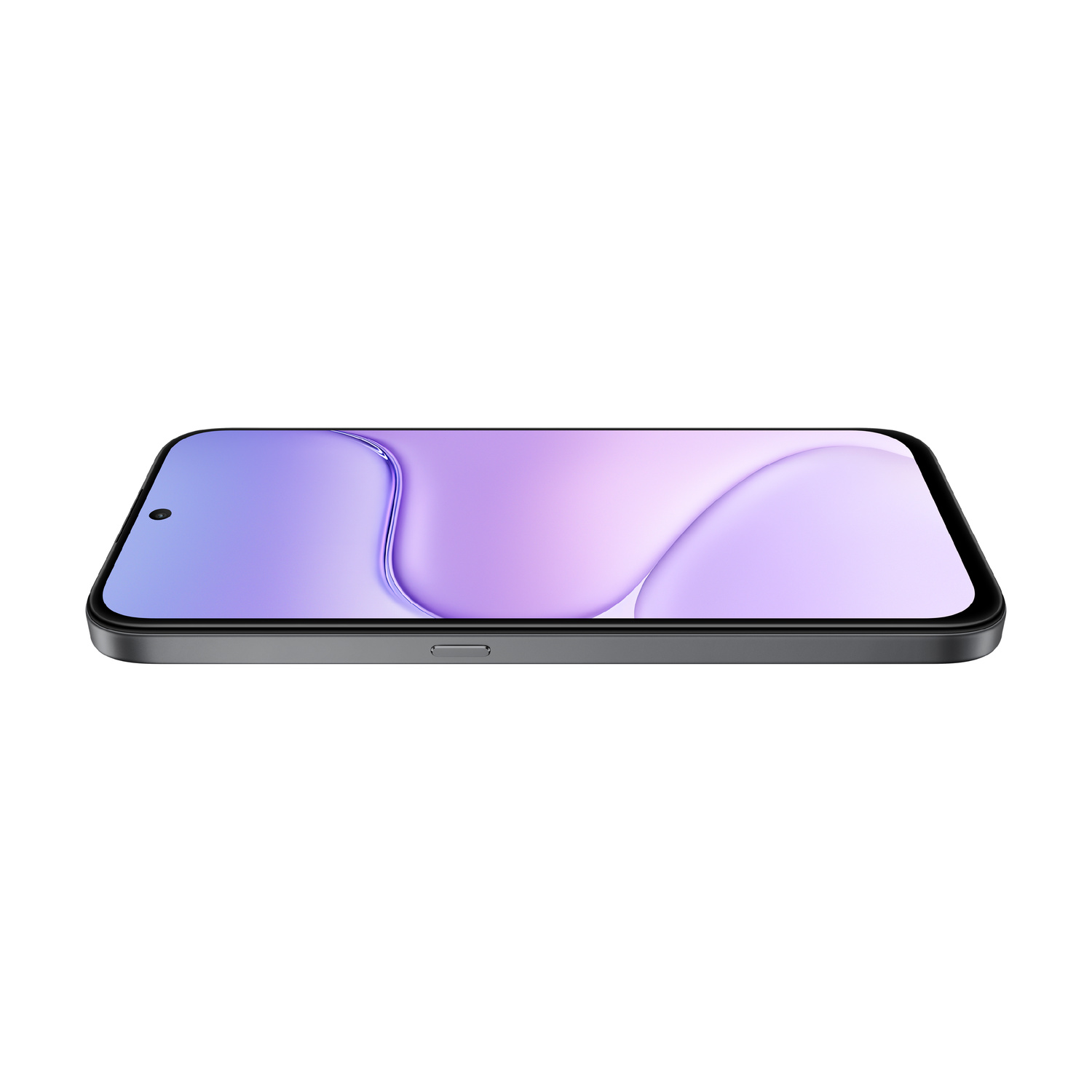 Uno smartphone grigio con uno sfondo viola e blu visualizzato sullo schermo.