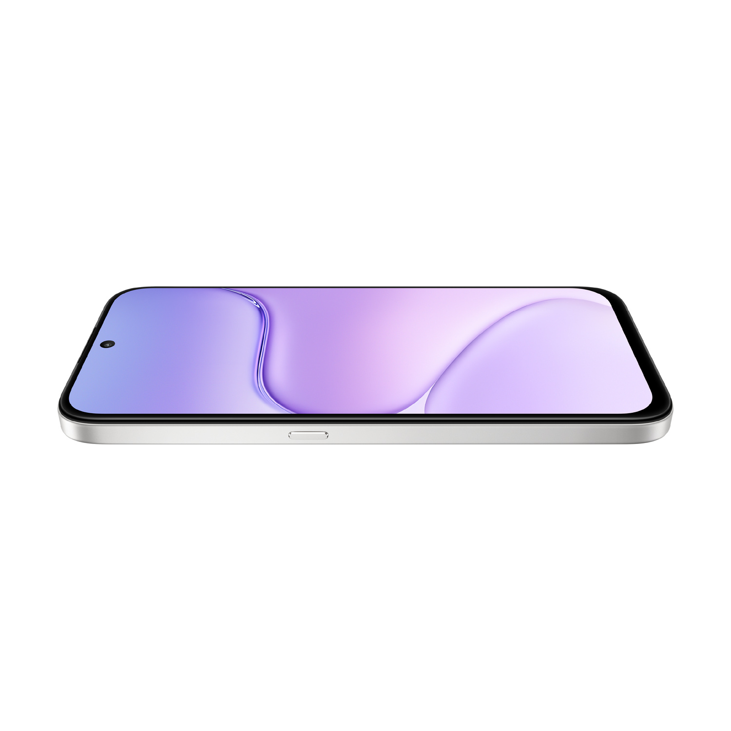 Uno smartphone elegante con cornice argentata e display sfumato viola.