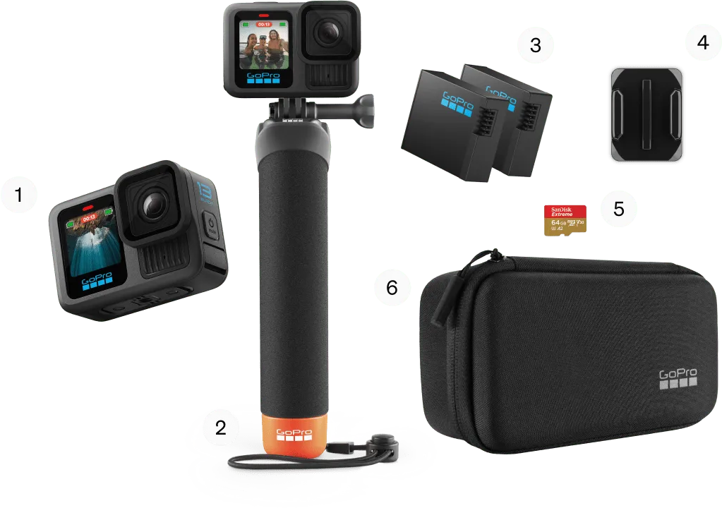 GoPro kamerák, akkumulátorok, markolat, memóriakártya és tok zöld háttéren.