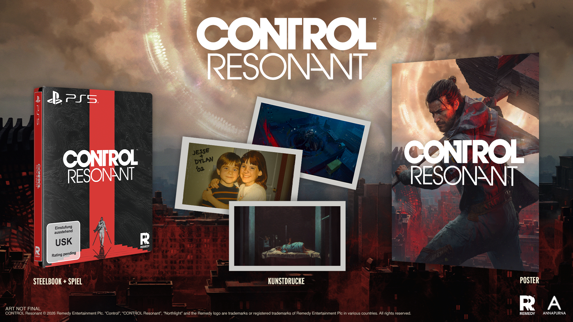 Ein Steelbook, Fotos und ein Poster für das Spiel Control Resonant auf PS5.