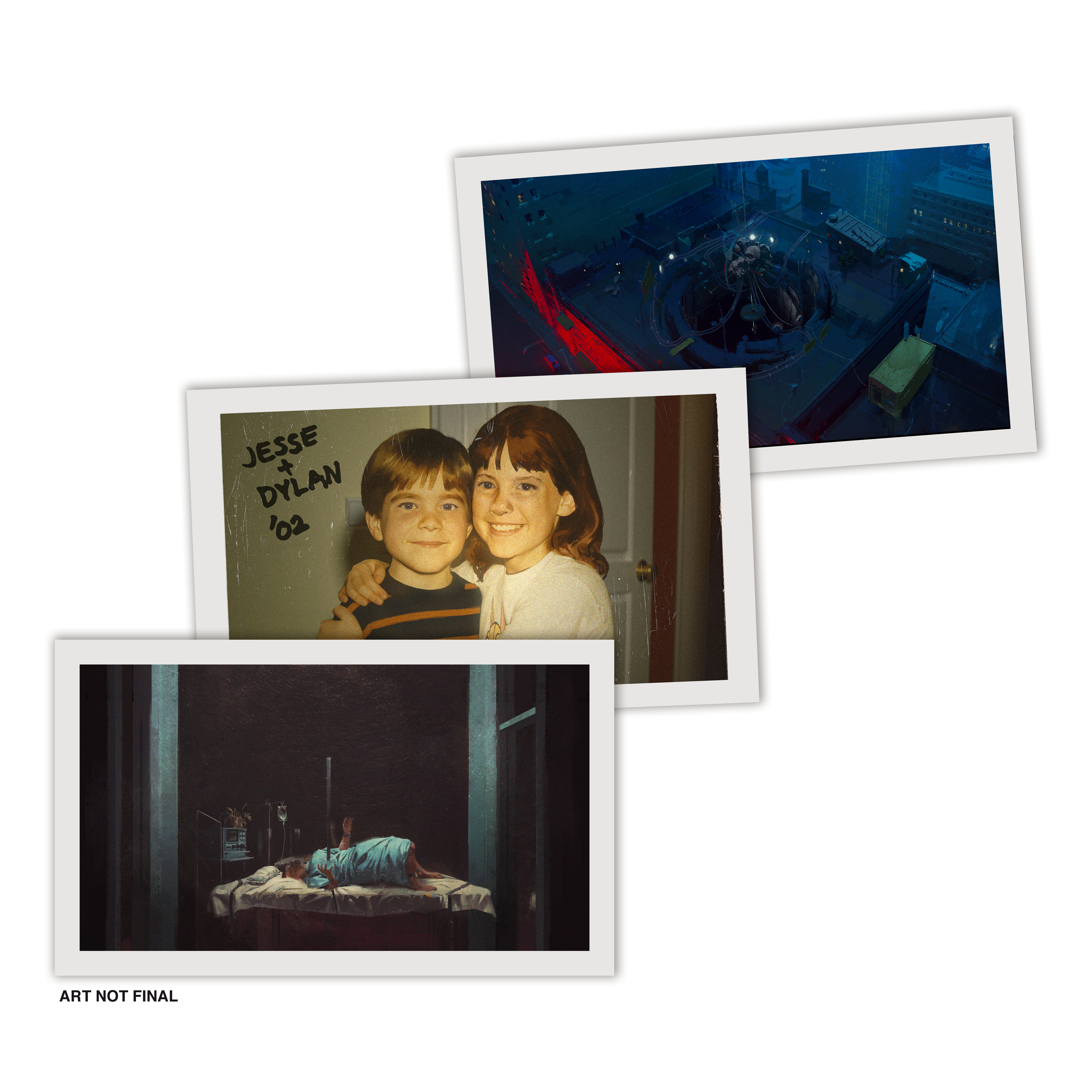 Drei gerahmte Bilder: Kinderfoto, Stadtansicht, Person auf OP-Tisch.