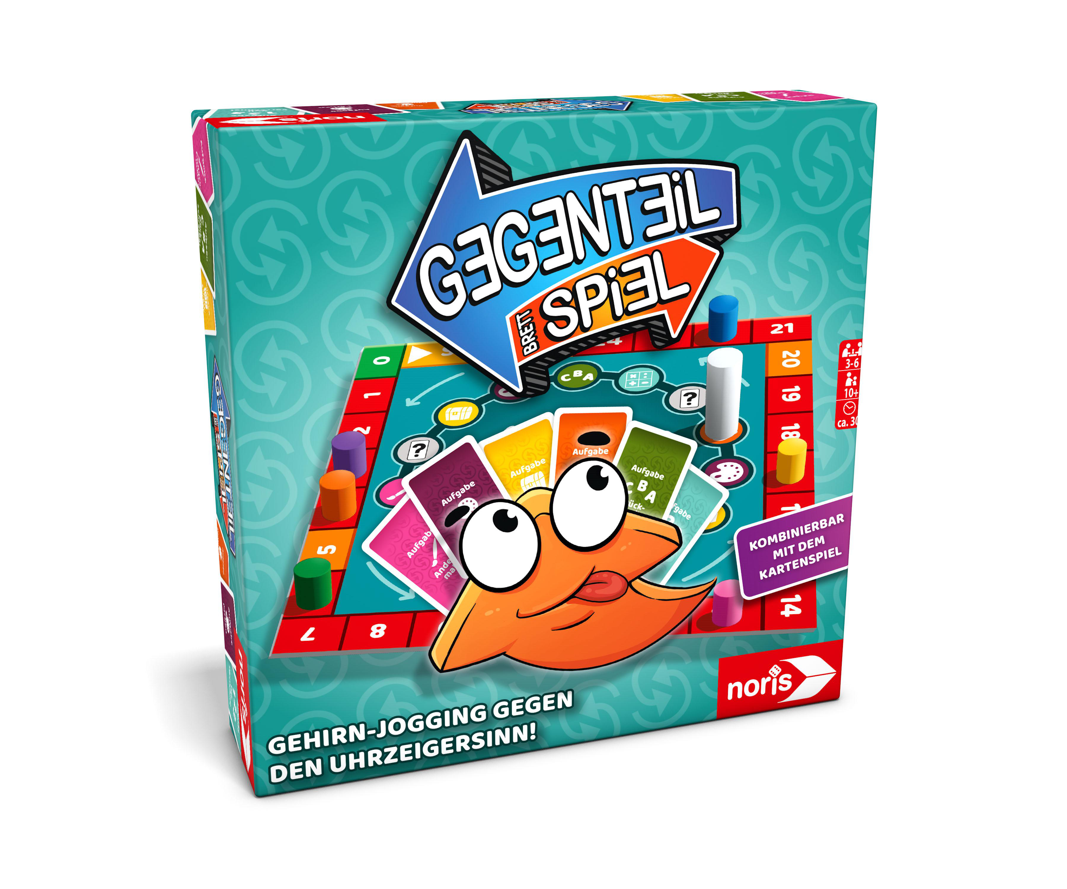 Brettspiel-Box mit Comic-Figur und Spielbrett-Elementen.