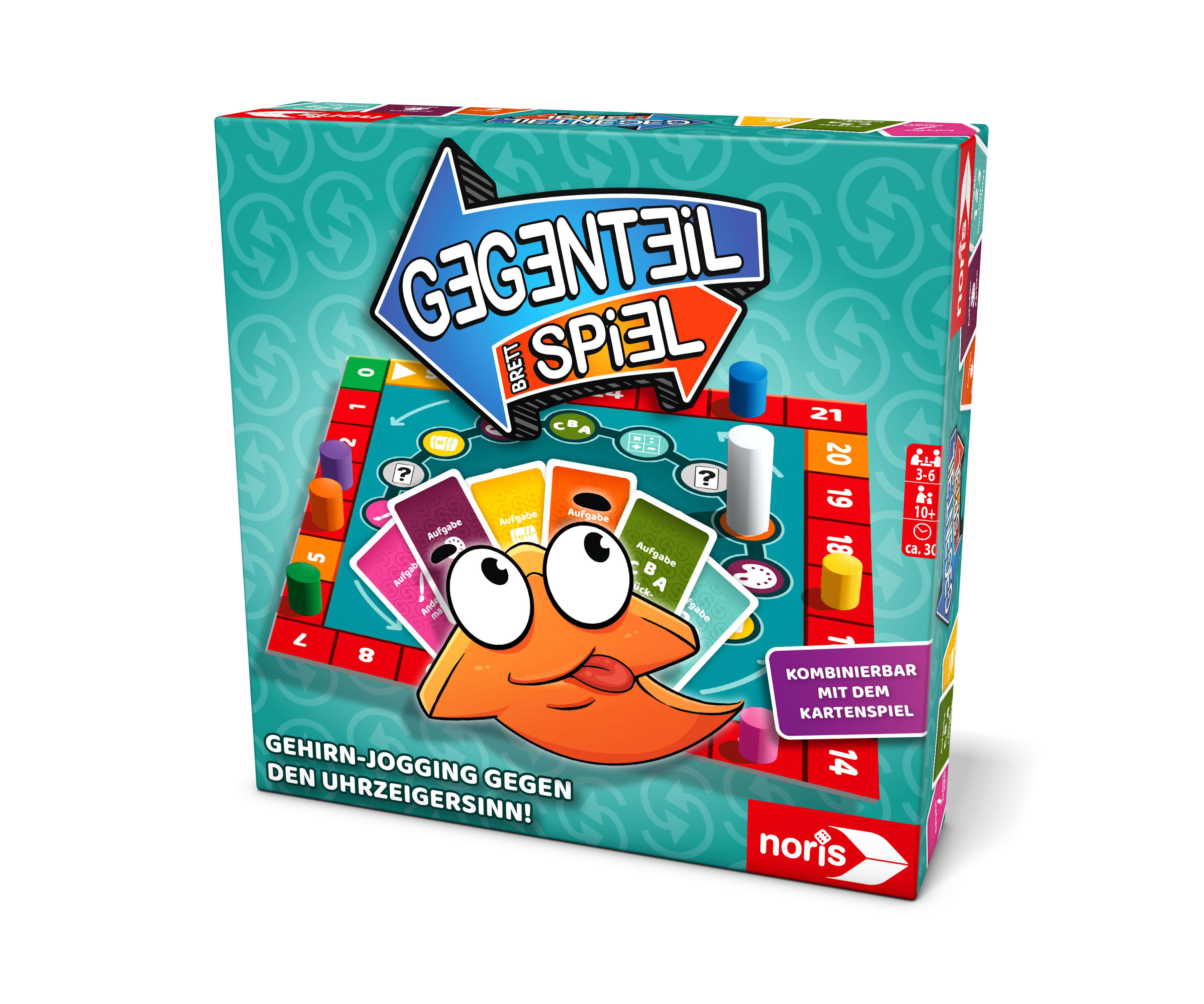Brettspiel "Gegenteil Spiel" mit orangefarbenem Wesen, Spielkarten und Spielfiguren.