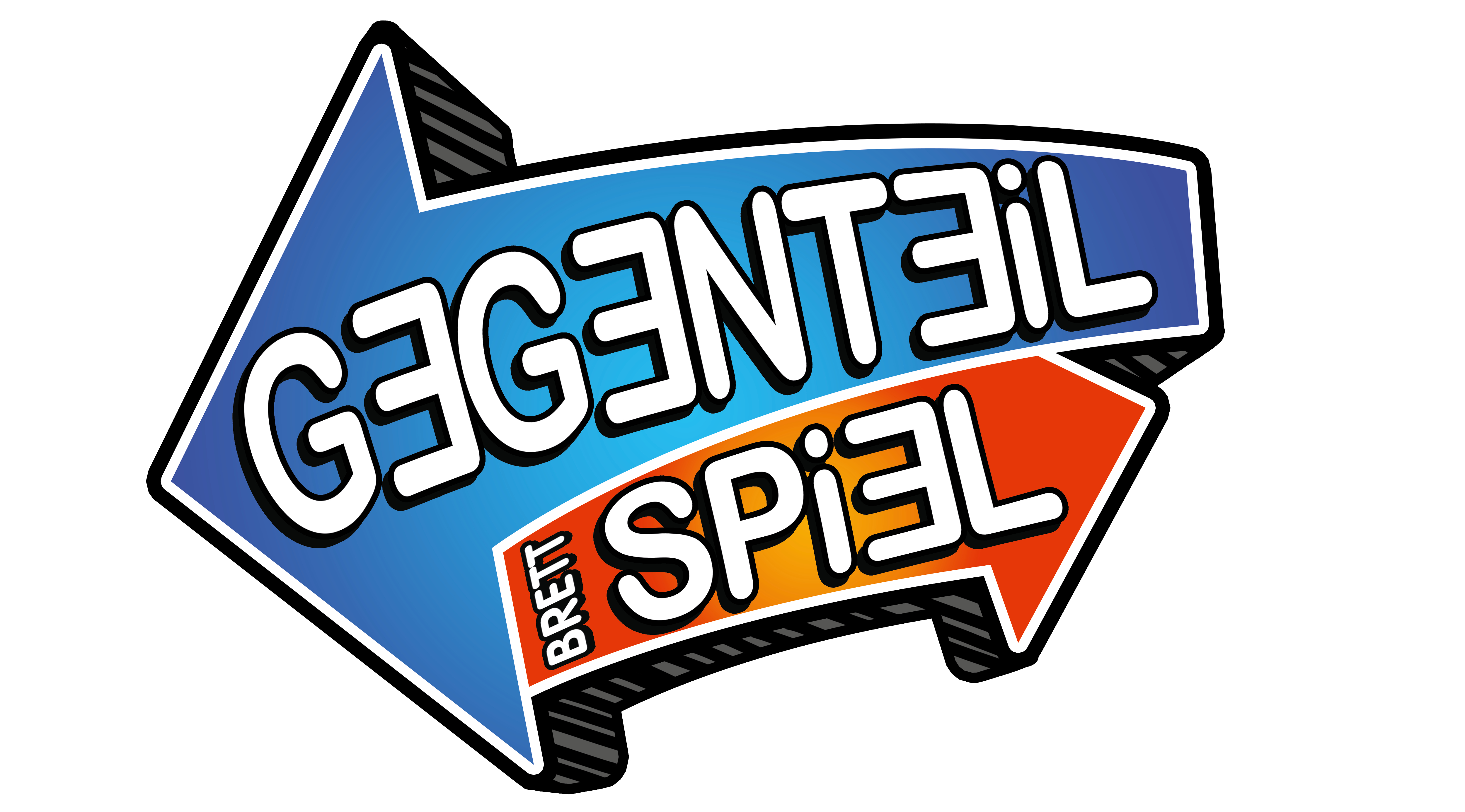 Blauer und oranger Pfeil mit Text: GEGENTEIL SPIEL BRETT