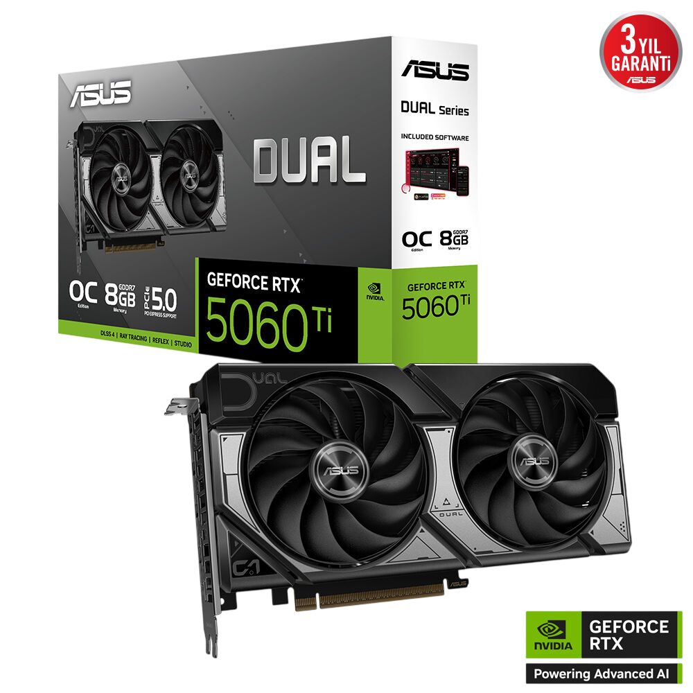 ASUS GeForce RTX 5060 Ti ekran kartı, 8 GB bellek, çift fan ve ambalajlı olarak.