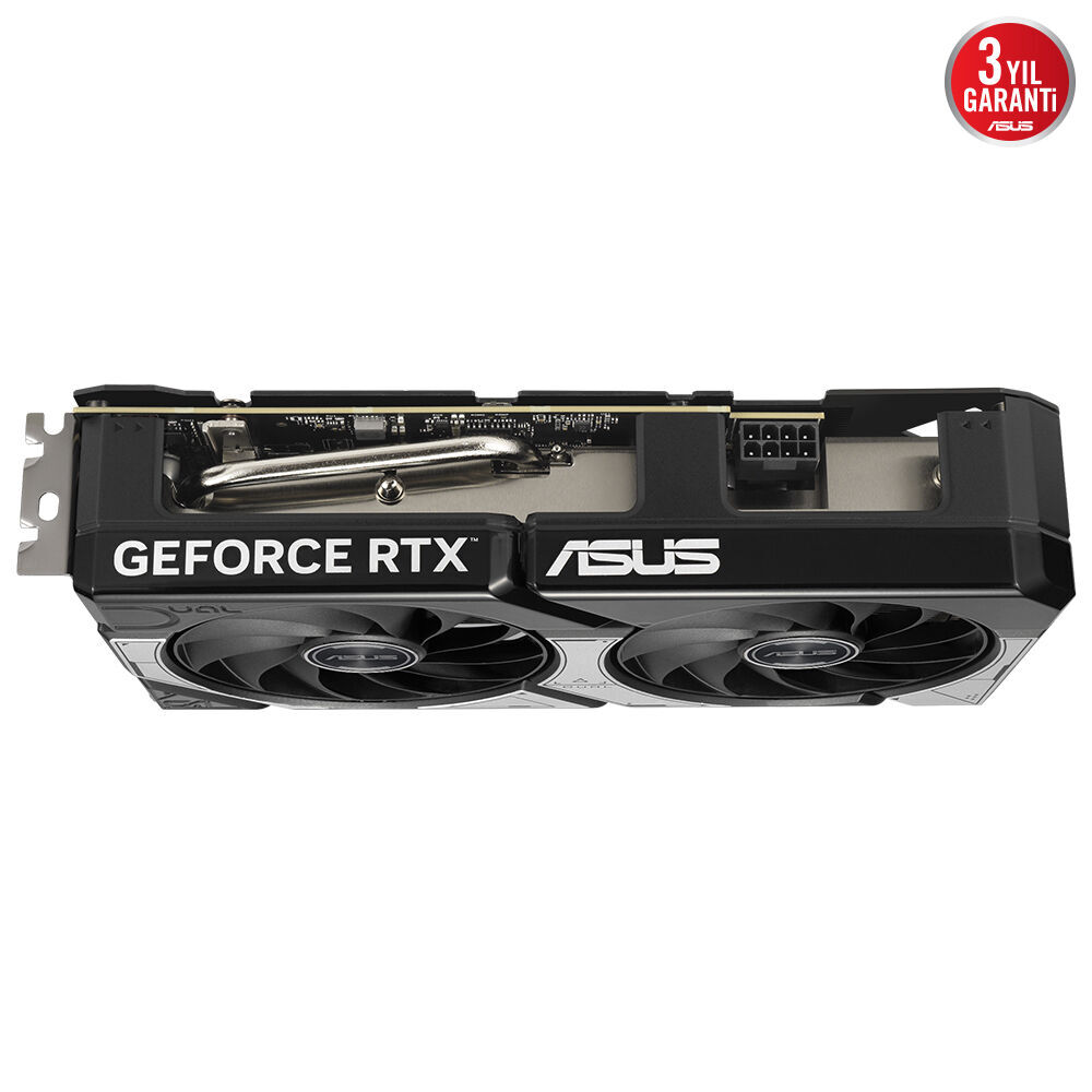 İki fanlı siyah ASUS GeForce RTX ekran kartı ve 3 yıl garanti logosu.