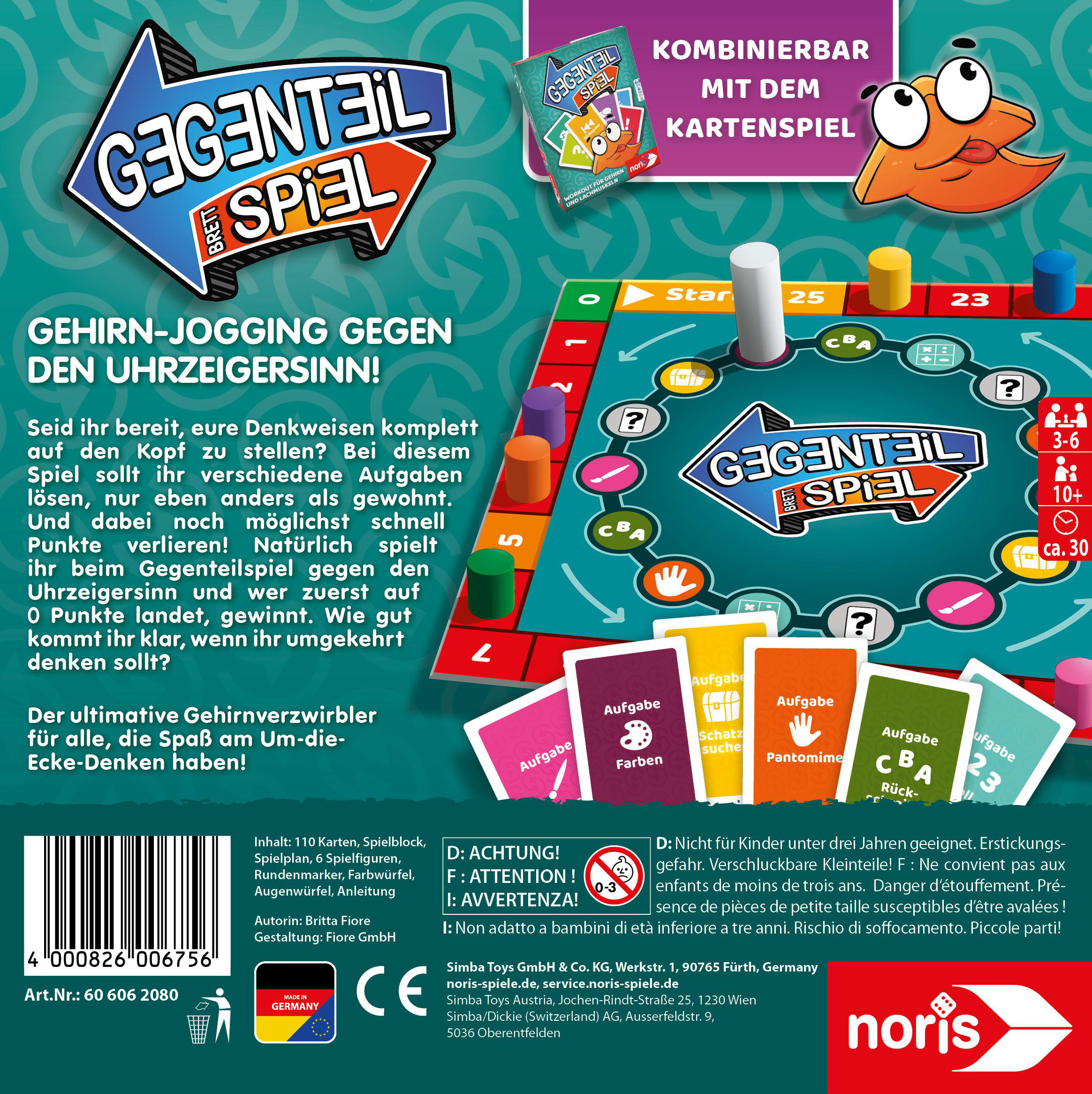 Brettspiel-Verpackung mit Spielbrett, Karten und Figuren. Text auf Deutsch.