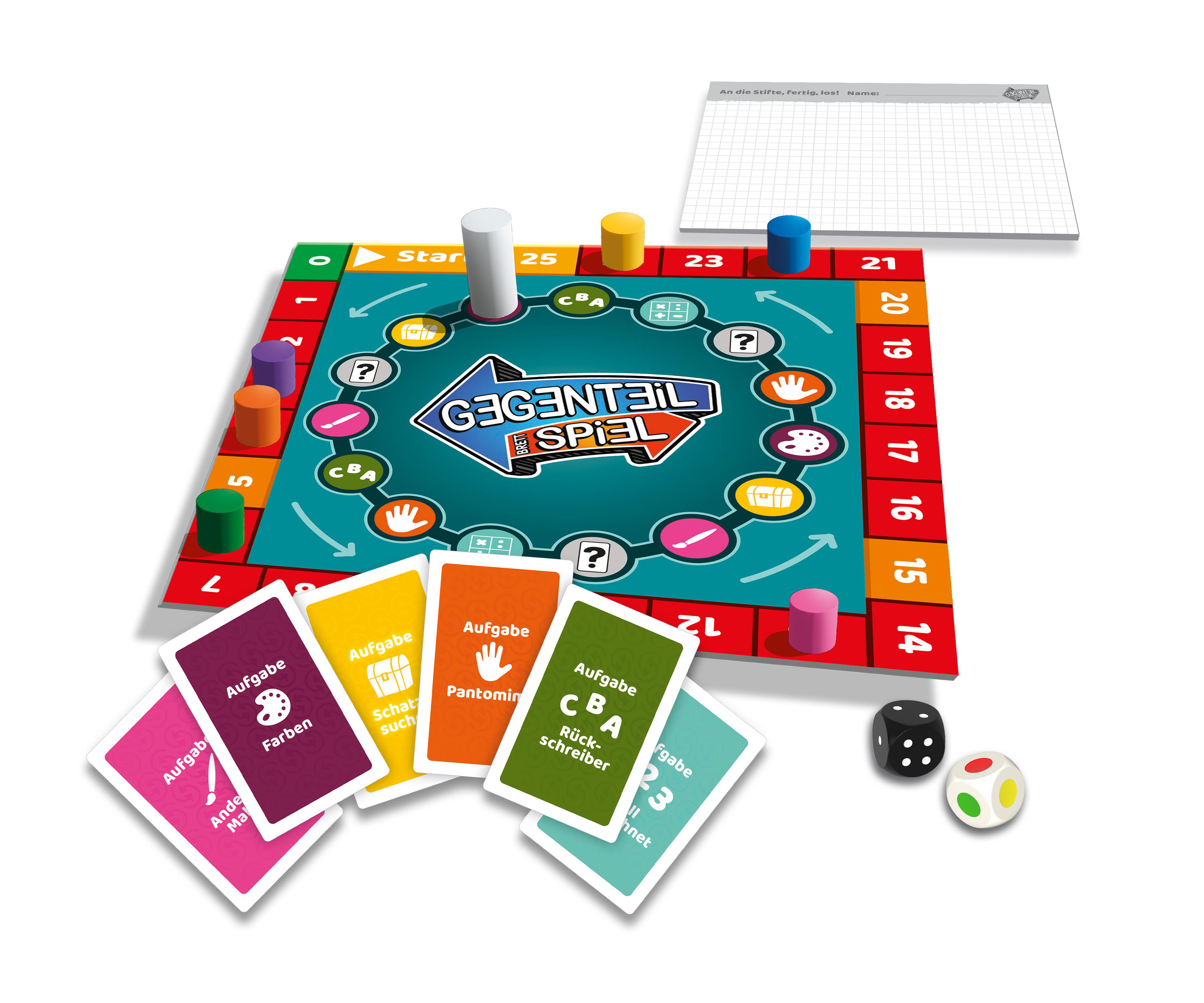 Brettspiel mit Zahlen, Karten und Würfeln auf weißem Hintergrund.