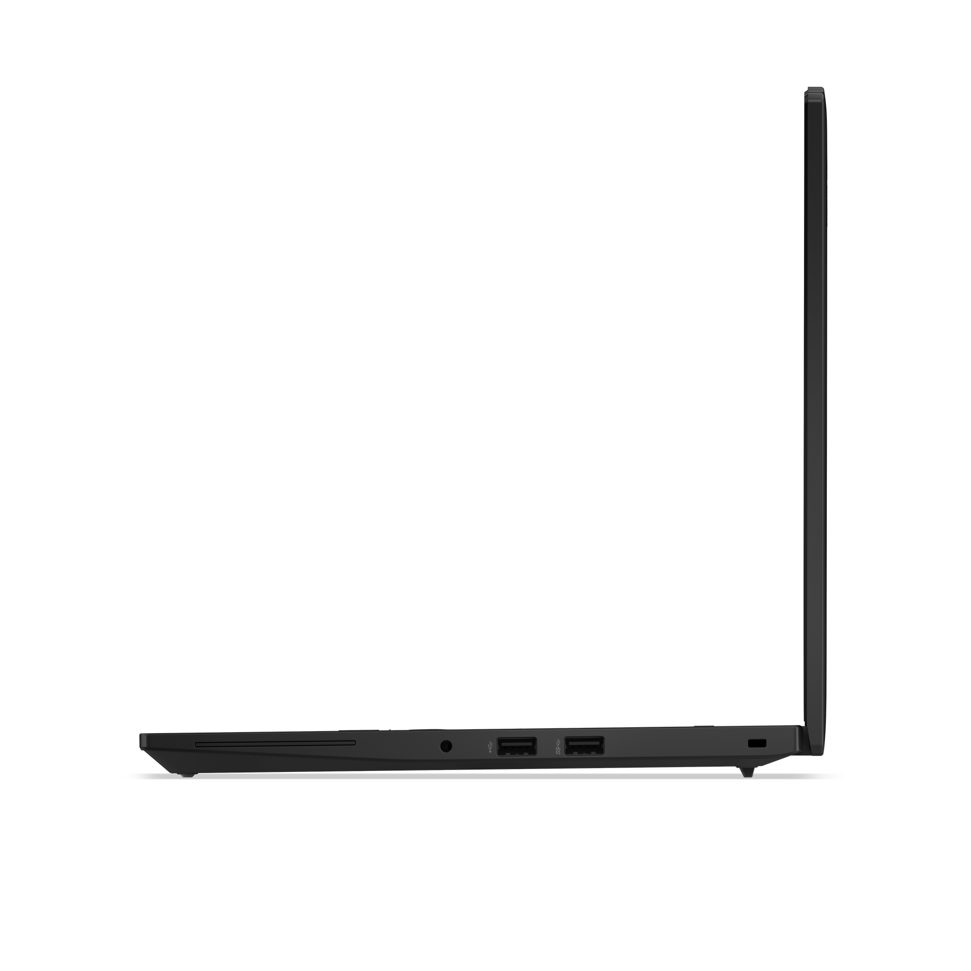 Schwarzer Laptop im Seitenprofil mit sichtbaren USB-Anschlüssen auf der linken Seite.