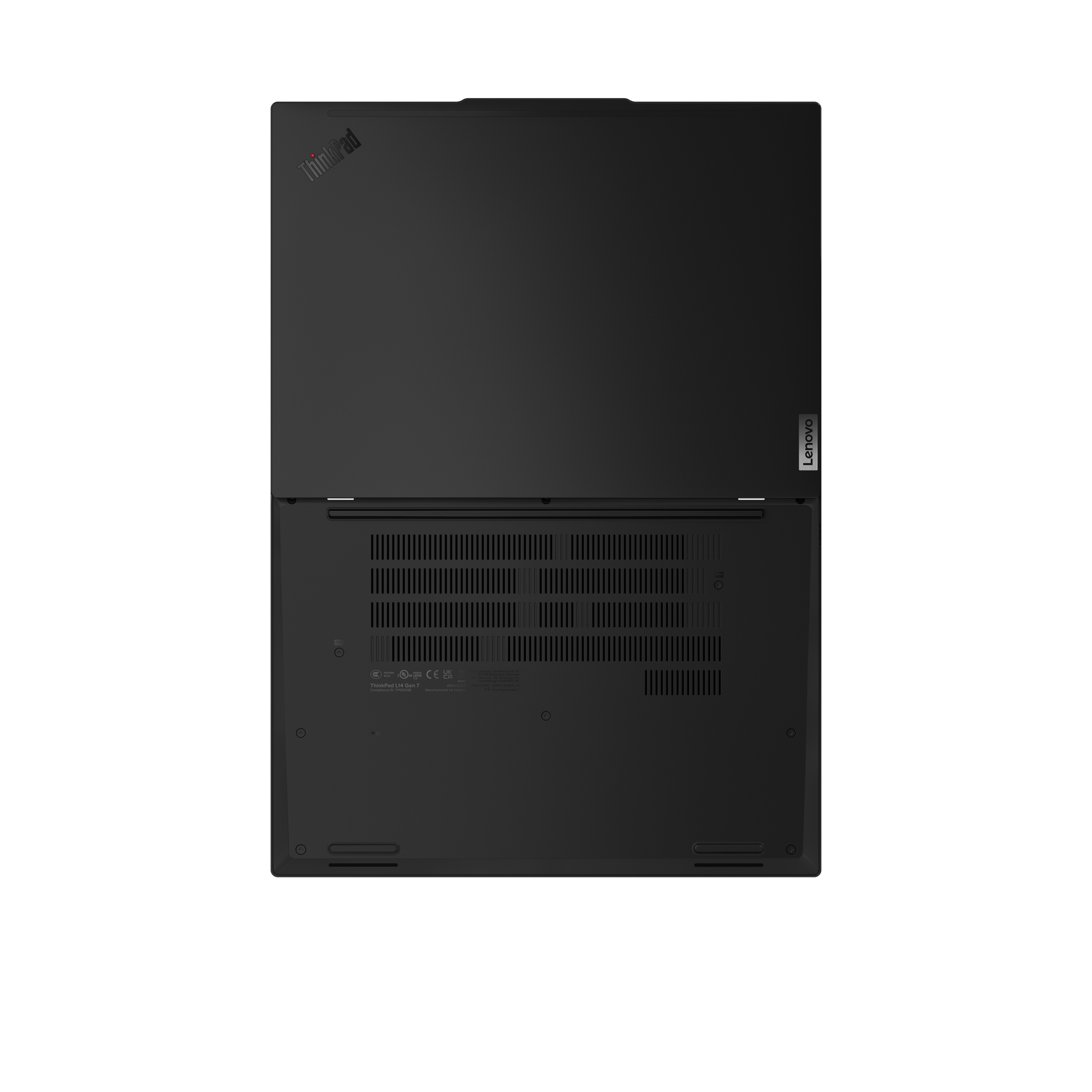 Schwarzer Lenovo ThinkPad Laptop von unten mit Lüftungsschlitzen und Kennzeichnungen.