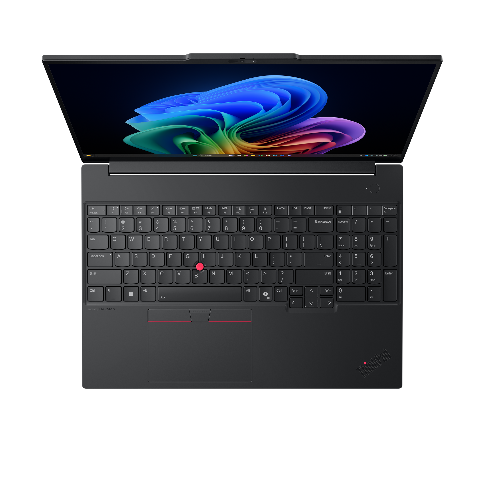 Ein geöffneter schwarzer Laptop mit einem farbenfrohen Hintergrundbild auf dem Bildschirm.