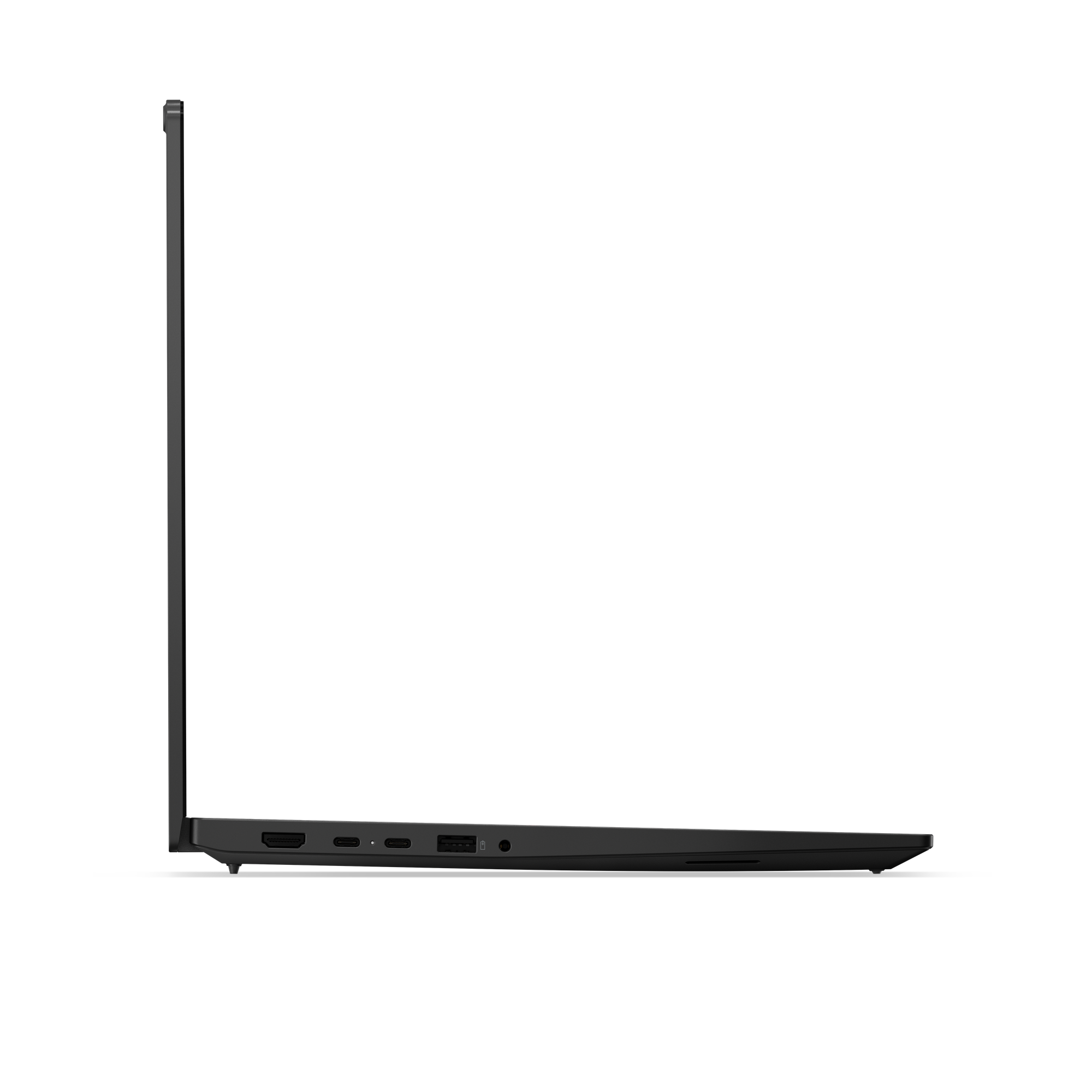 Schwarzer Laptop im Seitenprofil, mit Anschlüssen und offenem Bildschirm.