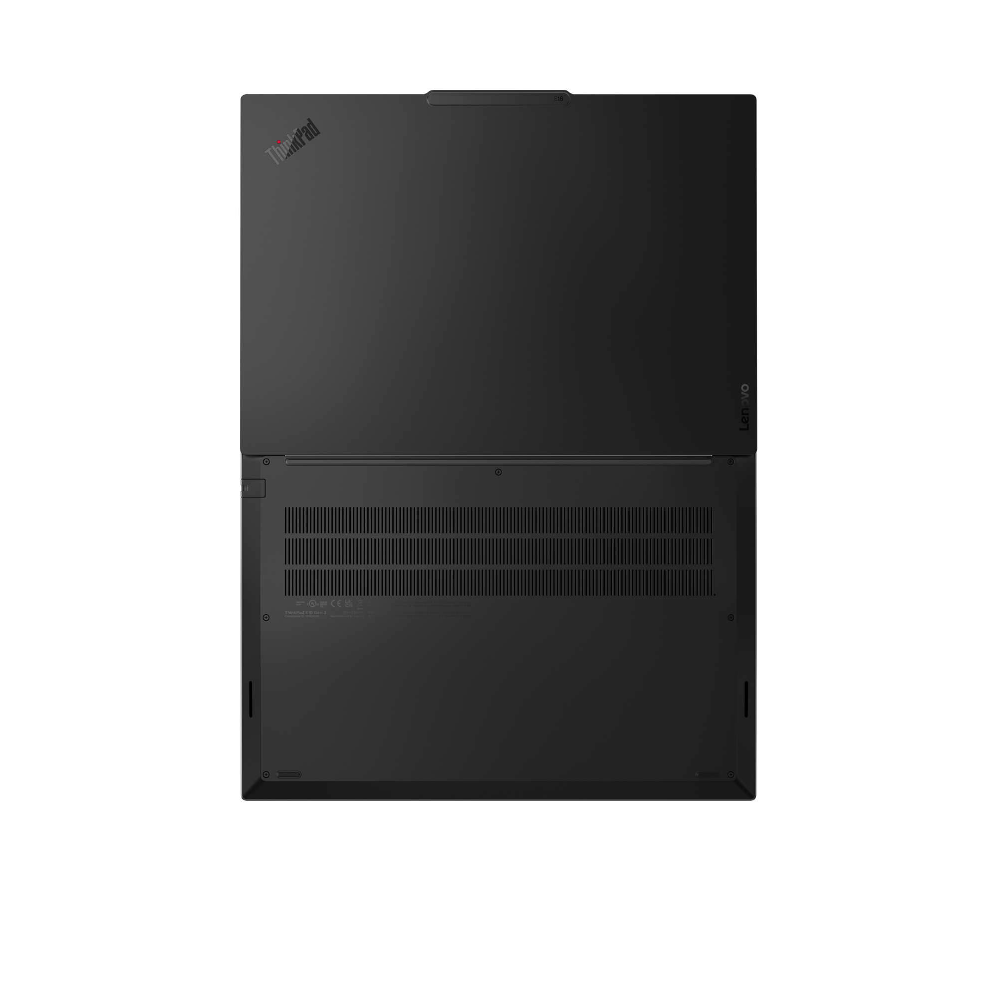 Rückseite eines schwarzen Lenovo ThinkPad E16 Gen 3 Laptops mit Lüftungsschlitzen.