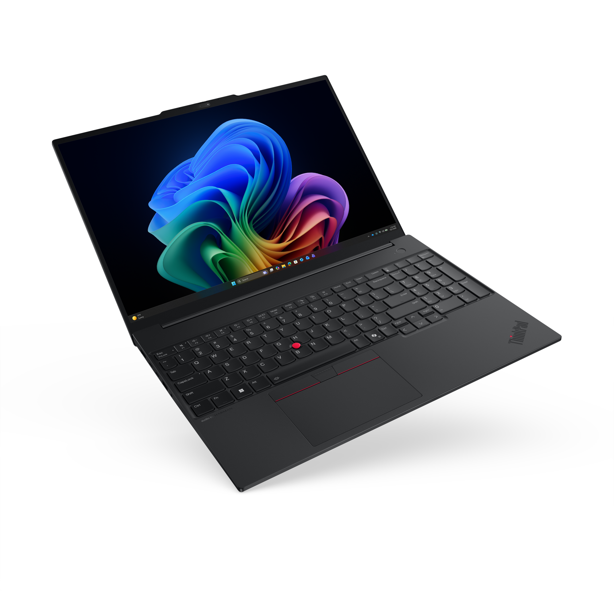 Ein geöffneter schwarzer Laptop mit einem bunten Desktop-Hintergrund.